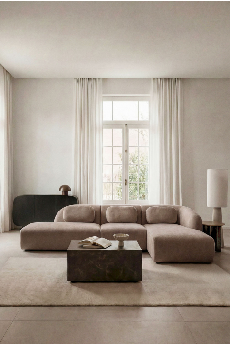 Sofa modułowy z szezlongiem po prawej stronie, 3-częściowy z lewym szezlongiem, tapicerowany tkaniną chenille Coquette - Brązowa Szenila Pszeniczna