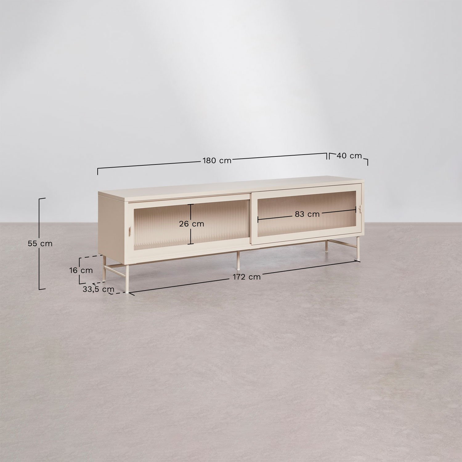 Mebel RTV 180x40 cm ze stali i szkła Paoline, rozmiary