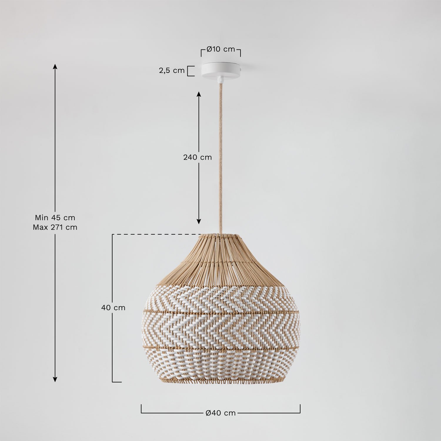 Lampa sufitowa wisząca z plecionego rattanu Llaury, rozmiary