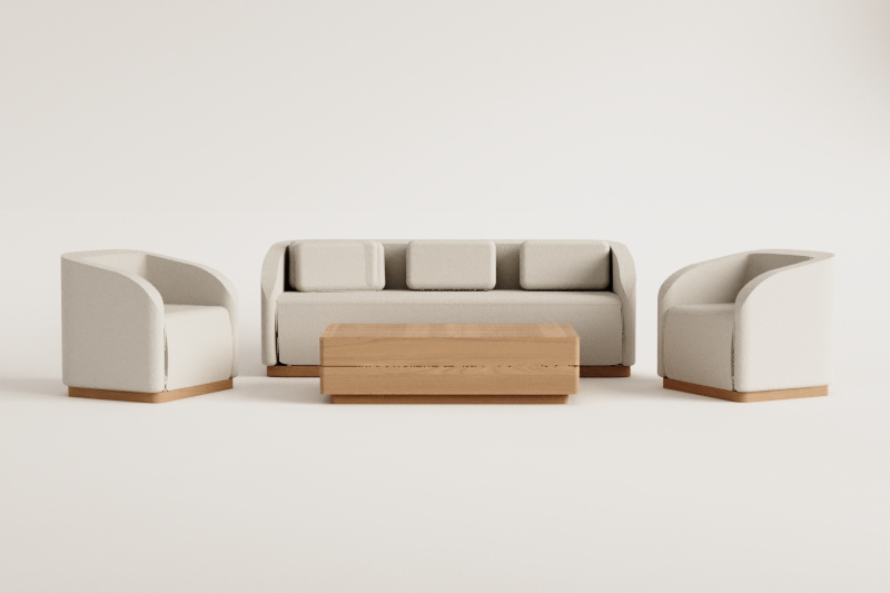 Zestaw do salonu z 3-osobową sofą, 2 fotelami oraz prostokątnym stolikiem kawowym 130x75 cm z drewna akacjowego Verona