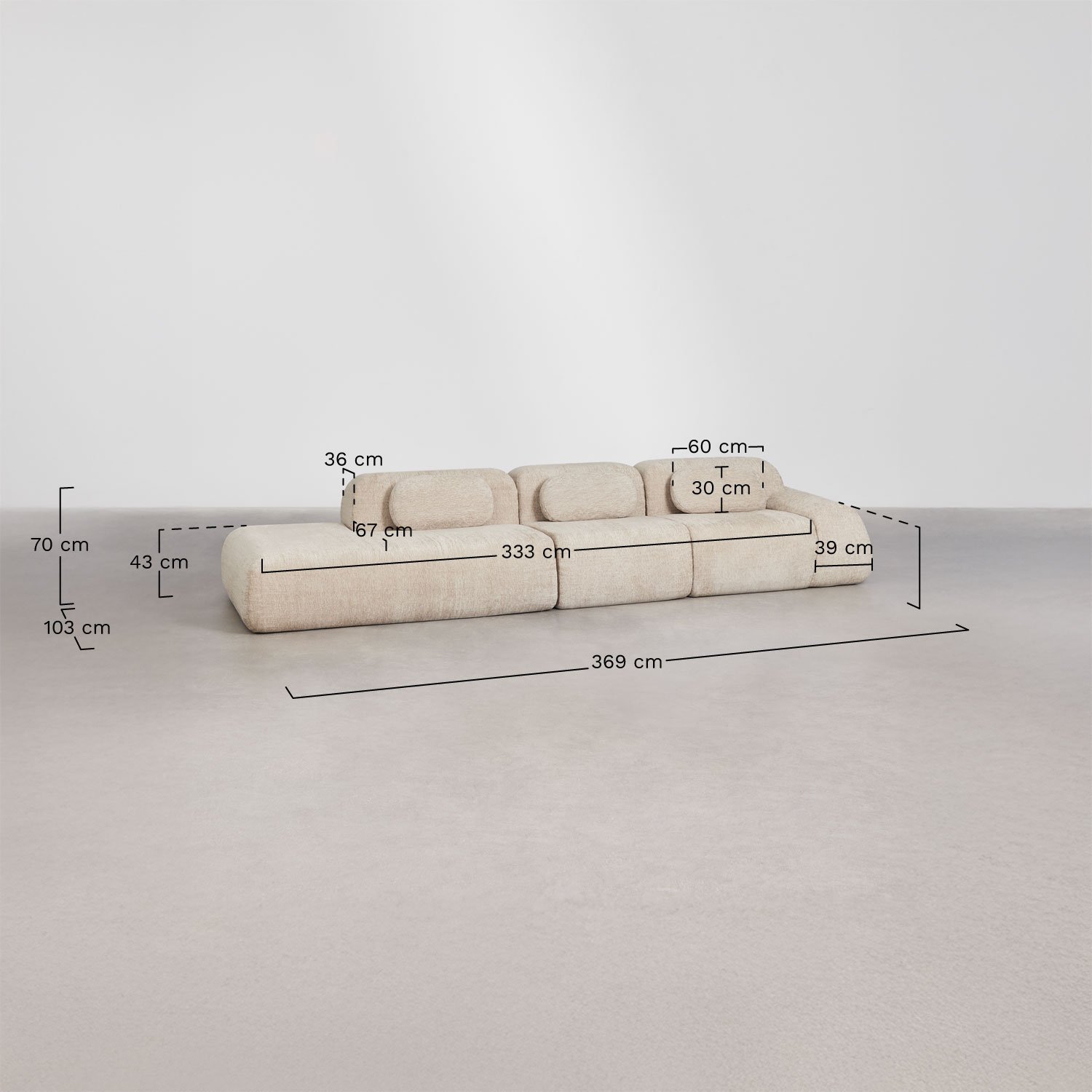 Sofa modułowy narożny 3-częściowy z lewym szezlongiem z weluru Merida, pakowany próżniowo, rozmiary