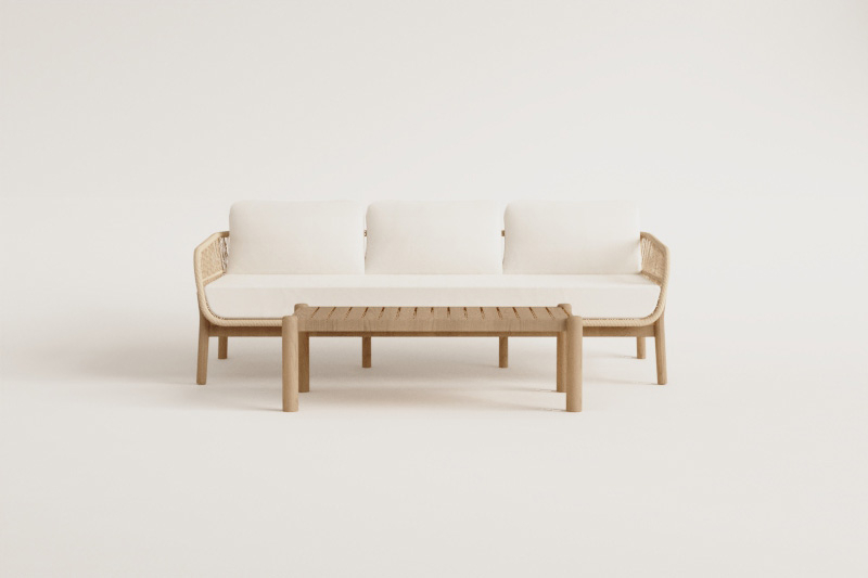 Zestaw ogrodowy z 3-osobową sofą i prostokątnym stolikiem kawowym 120x60 cm z aluminium i drewna akacjowego Karvia