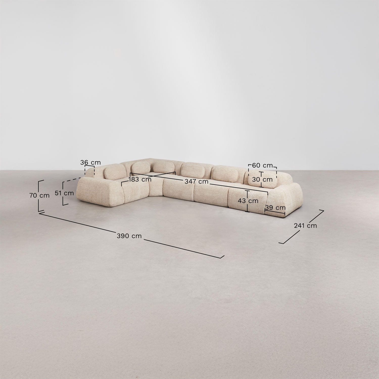 Sofa modułowy narożny 5-częściowy z tkaniny chenilla, pakowany próżniowo Merida, rozmiary