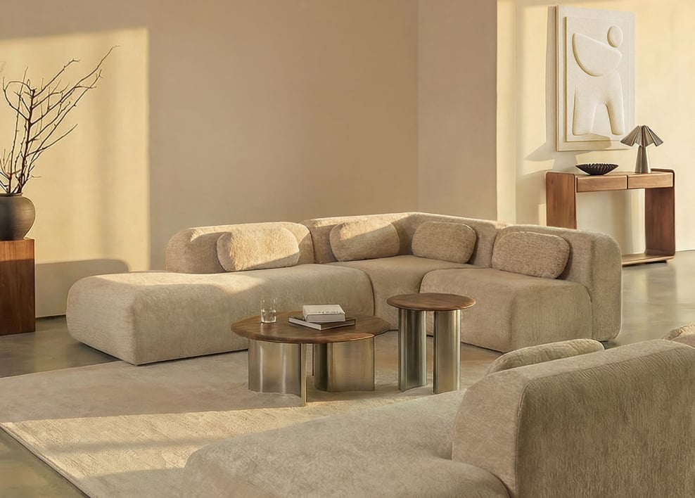 Sofa modułowy narożny 3-częściowy z lewym szezlongiem z tkaniny chenilla, pakowany próżniowo Merida