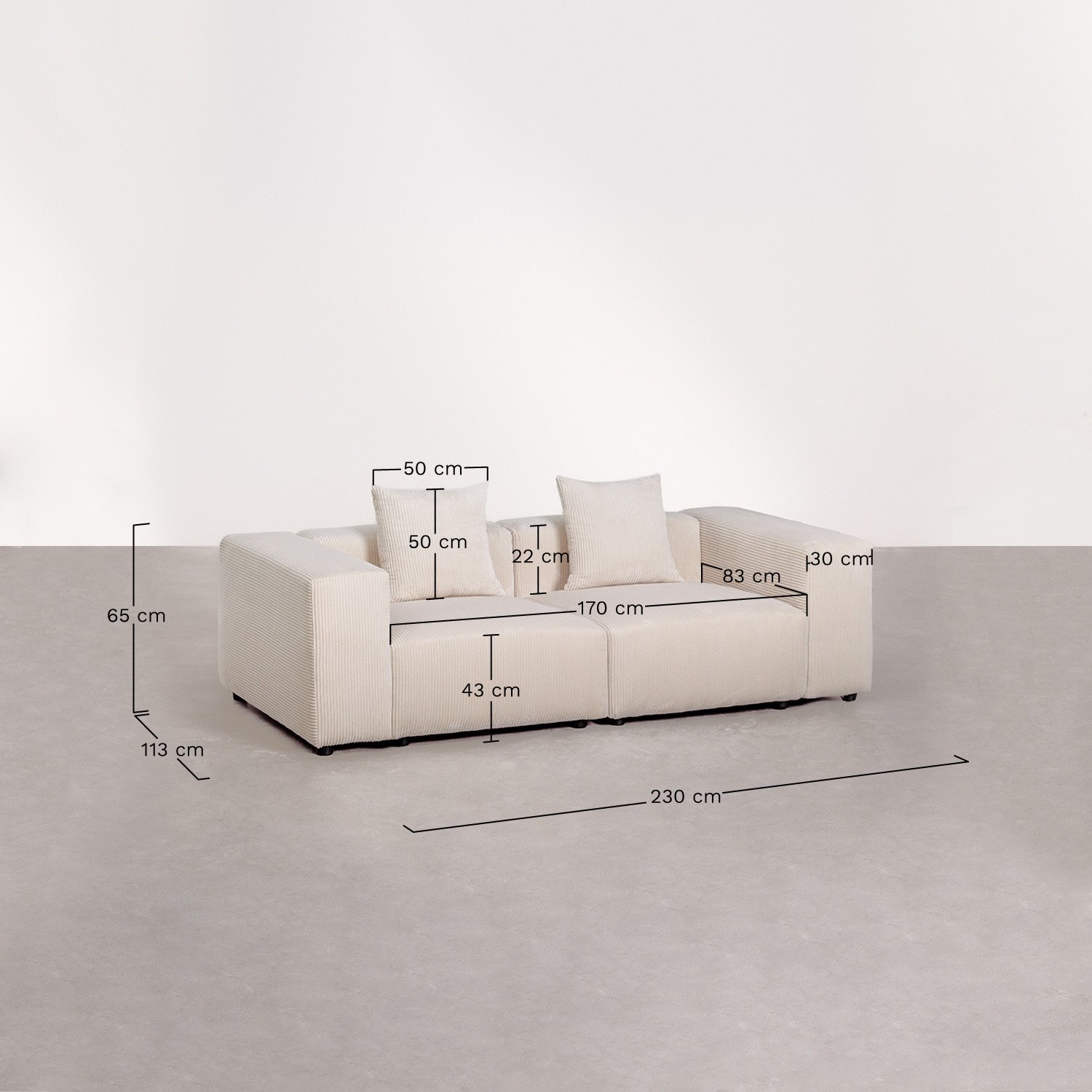 Modułowa sofa 2-częściowa (↔︎230 cm) z wysokim podłokietnikiem Bruna, rozmiary