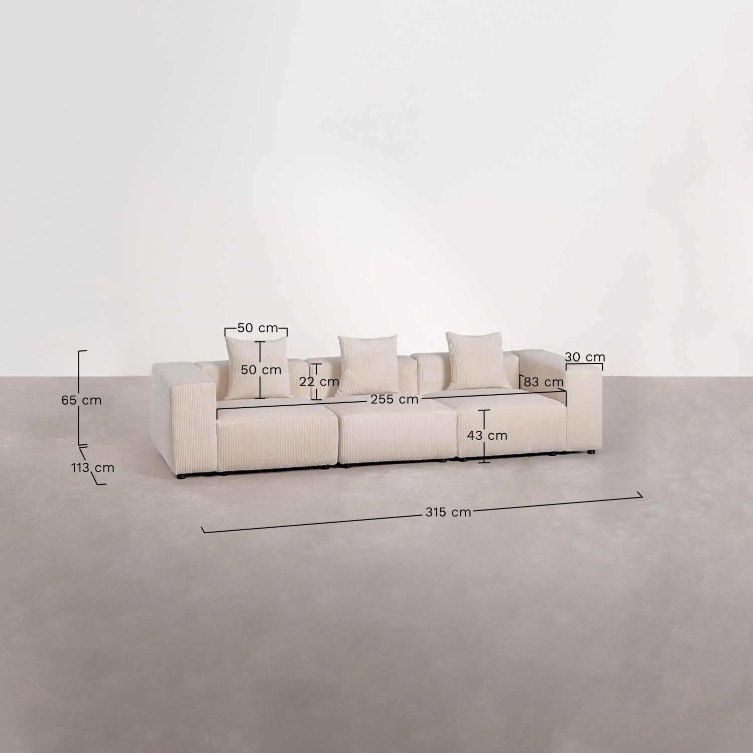 Modułowa sofa 3-częściowa ↔︎315 cm z wysokim podłokietnikiem Bruna, rozmiary