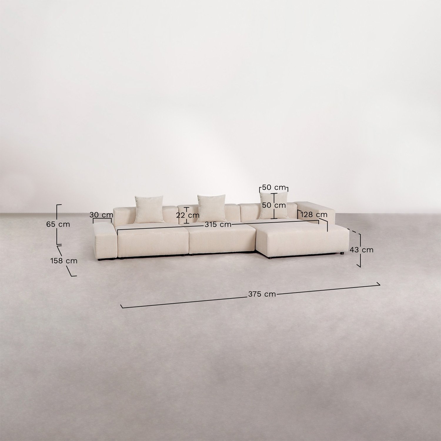 Sofa modułowa z szezlongiem prawym, 3-częściowa (↔︎375 cm) Bruna, rozmiary