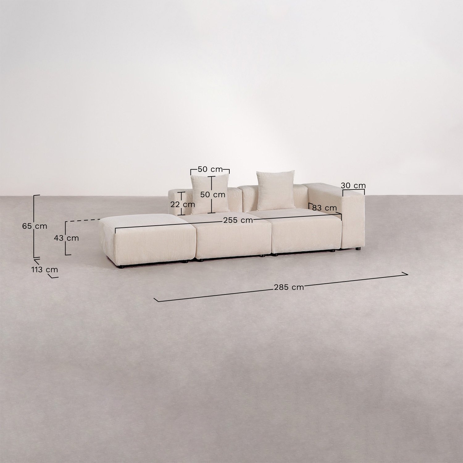 Modułowa sofa narożna prawostronna z 2 części z wysokim podłokietnikiem i pufą ↔︎285 cm Bruna, rozmiary