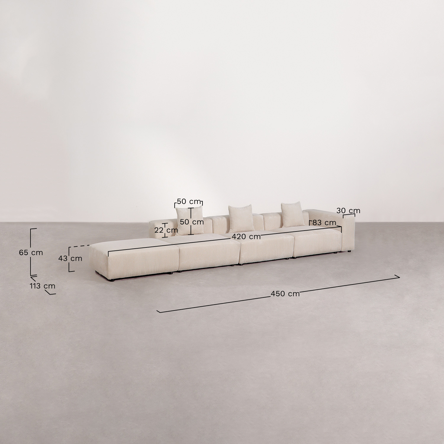 3-częściowa modułowa sofa narożna prawostronna z wysokim podłokietnikiem i pufą ↔︎450 cm Bruna, rozmiary