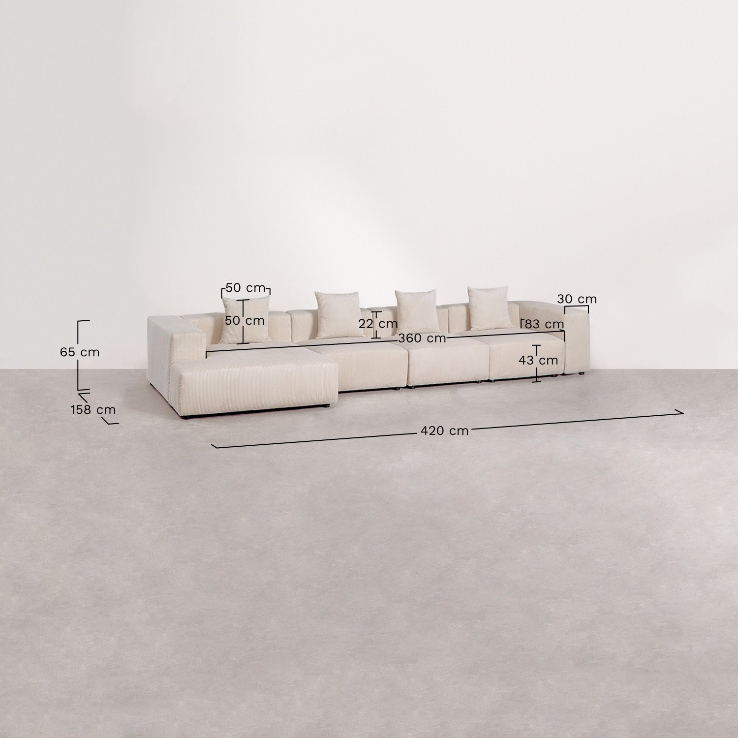 Modułowa sofa z lewą szezlongą, 4 części ↔︎420 cm z wysokim podłokietnikiem Bruna, rozmiary