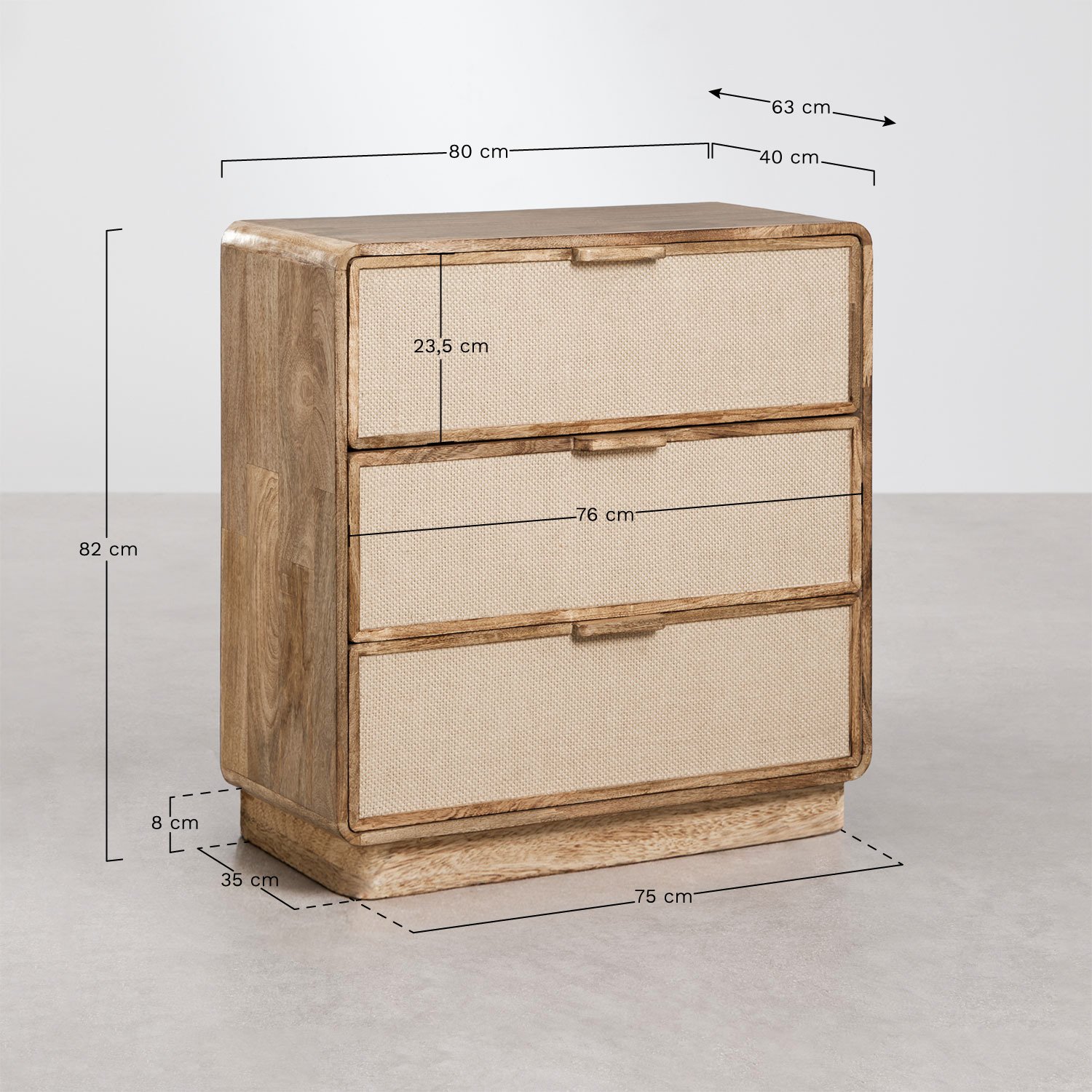 Komoda 80x40 cm z drewna mango, MDF i juty Abrams, rozmiary