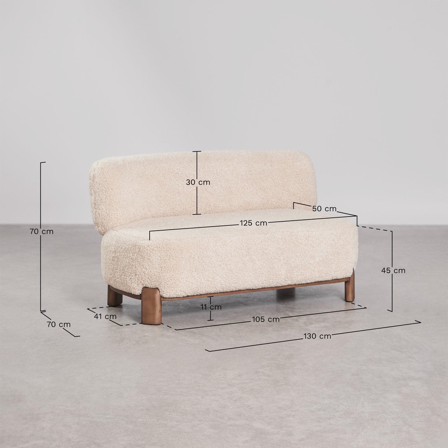 Sofa dwuosobowa z tapicerowanym drewnem Eldred, rozmiary