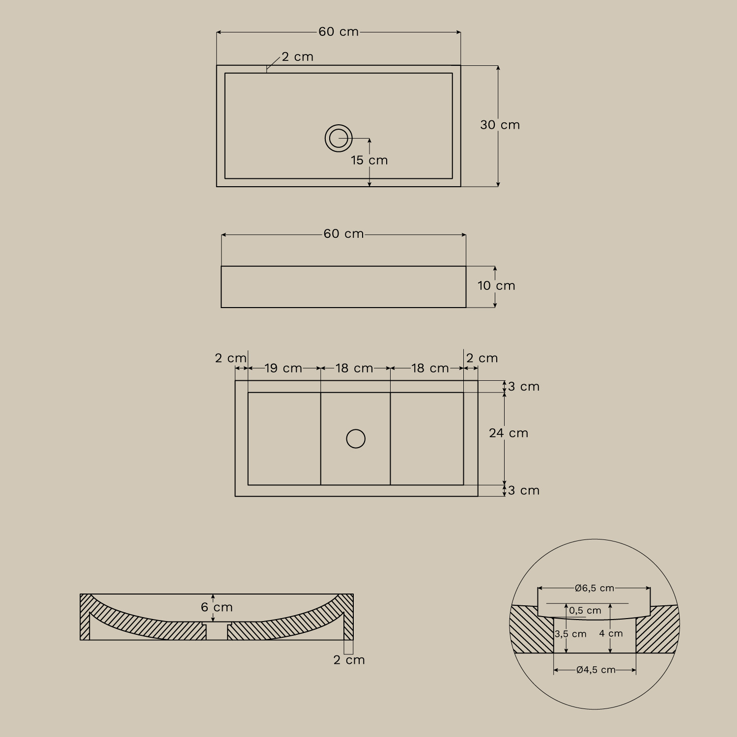 Prostokątna umywalka 60x30 cm z cementu Richard, rozmiary