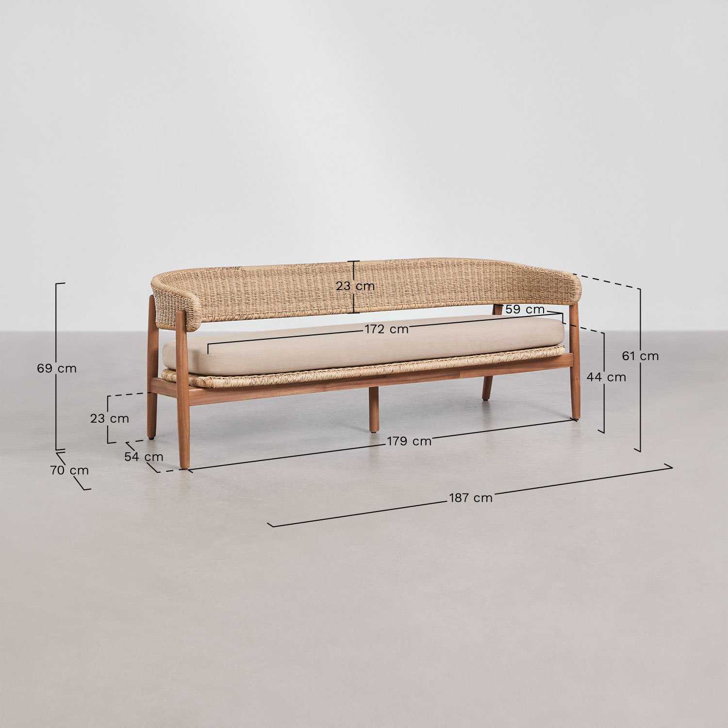 Sofa ogrodowy 3-osobowy z drewna akacjowego i syntetycznego rattanu Ribeira, rozmiary