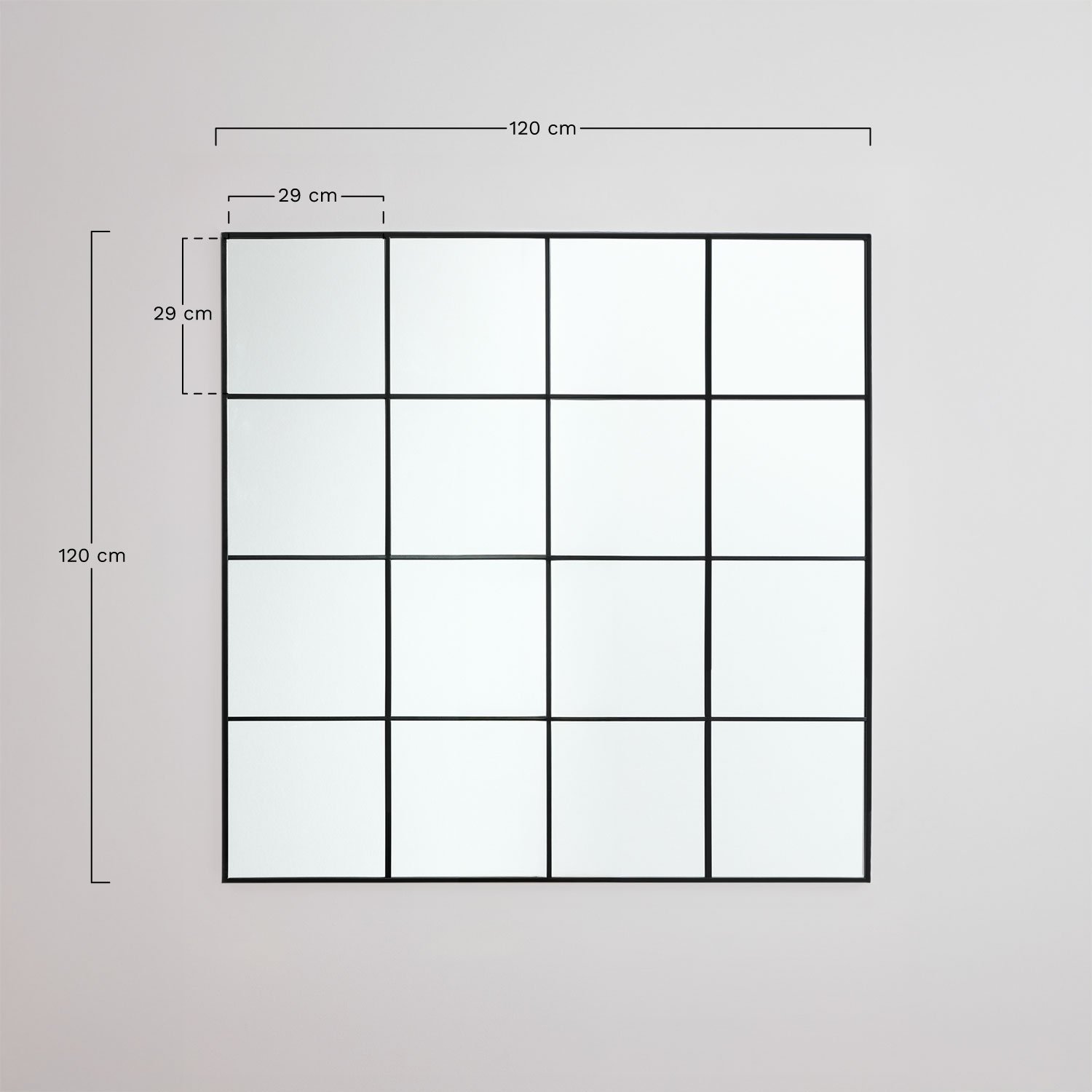 Metalowe lustro ścienne z efektem okna 122x122 cm Sofi, rozmiary