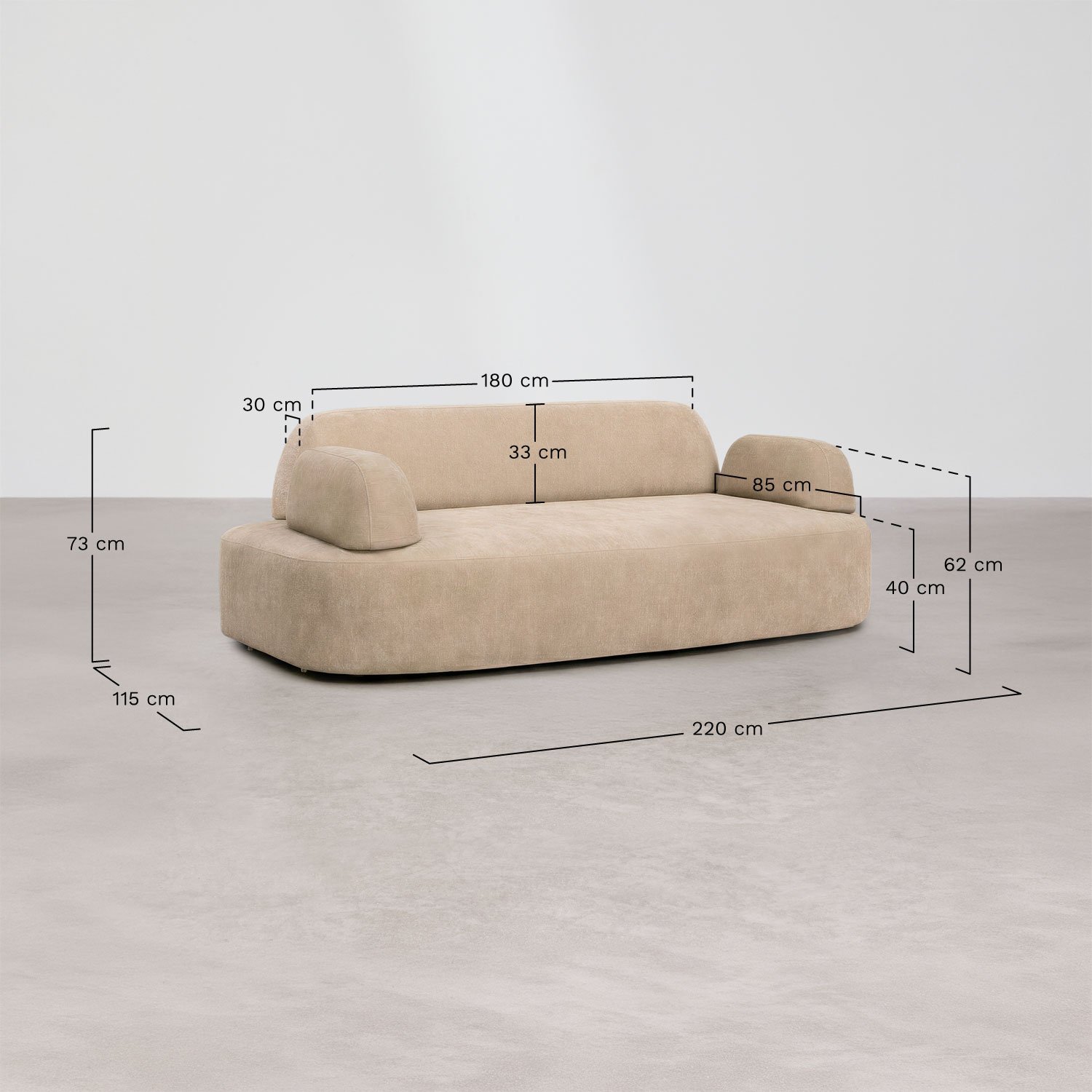 Sofa modułowa 2-osobowa z tapicerowanymi podłokietnikami Giorgia, rozmiary