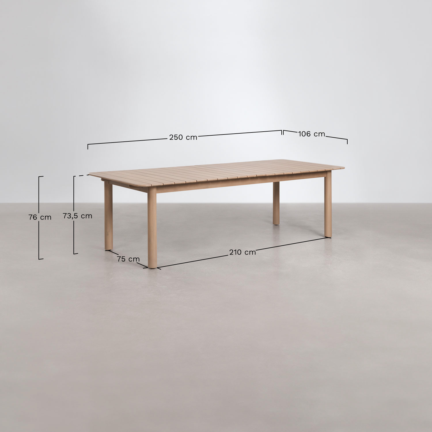 Zestaw stołu prostokątnego rozsuwanego Duala 250-310x105 cm i 12 krzeseł jadalnianych z drewna akacjowego Nualis, rozmiary