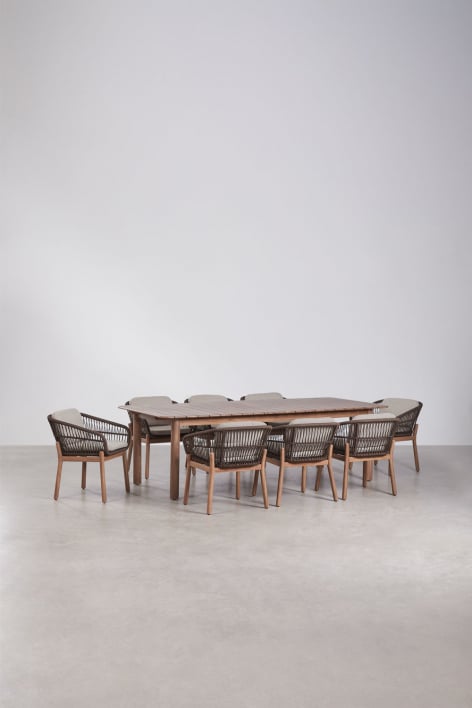 Zestaw stołu prostokątnego rozsuwanego Duala 250-310x105 cm oraz 8 krzeseł jadalnianych z drewna akacjowego i plecionej liny Kar