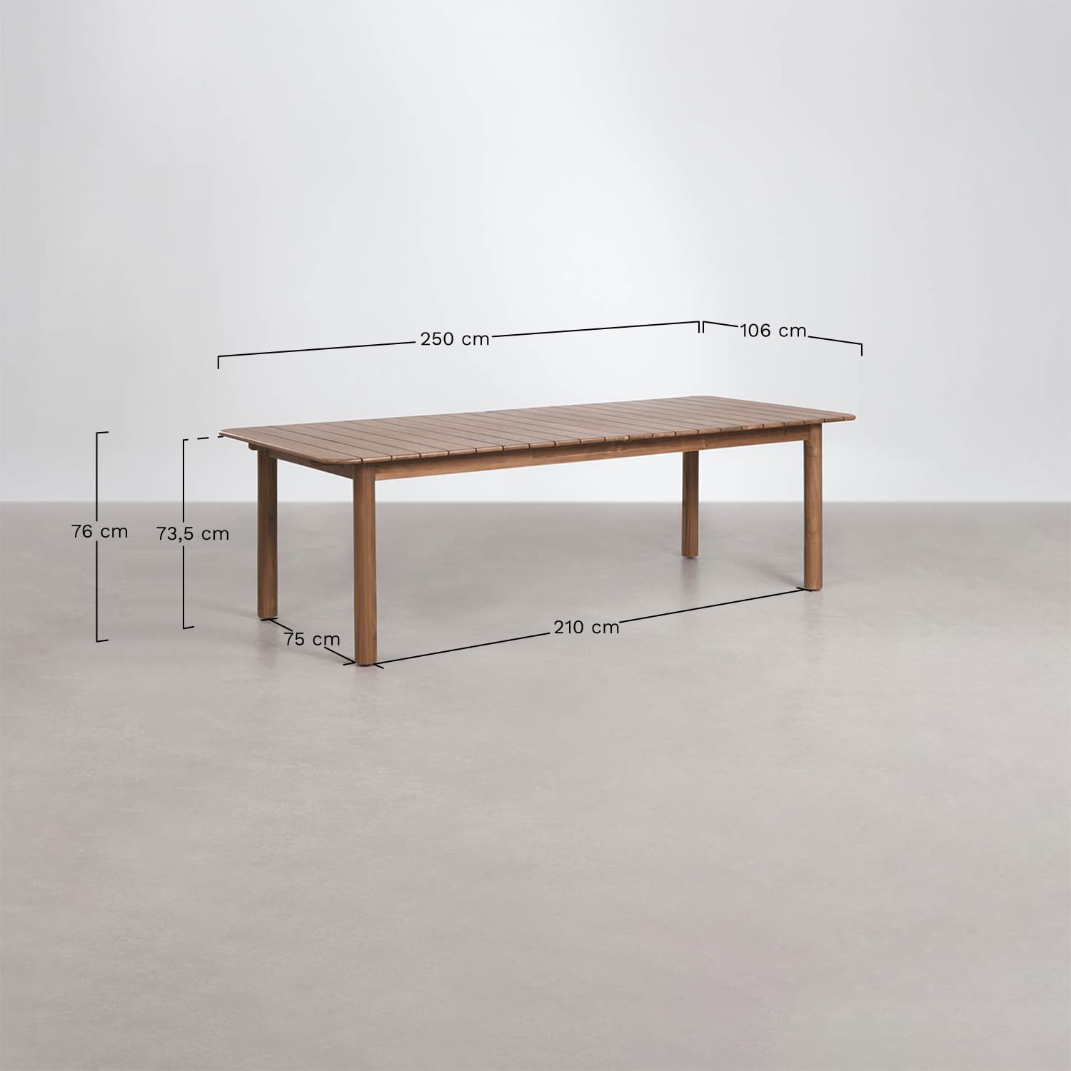 Zestaw stołu prostokątnego rozsuwanego Duala 250-310x105 cm oraz 8 krzeseł jadalnianych z drewna akacjowego i plecionej liny Kar, rozmiary