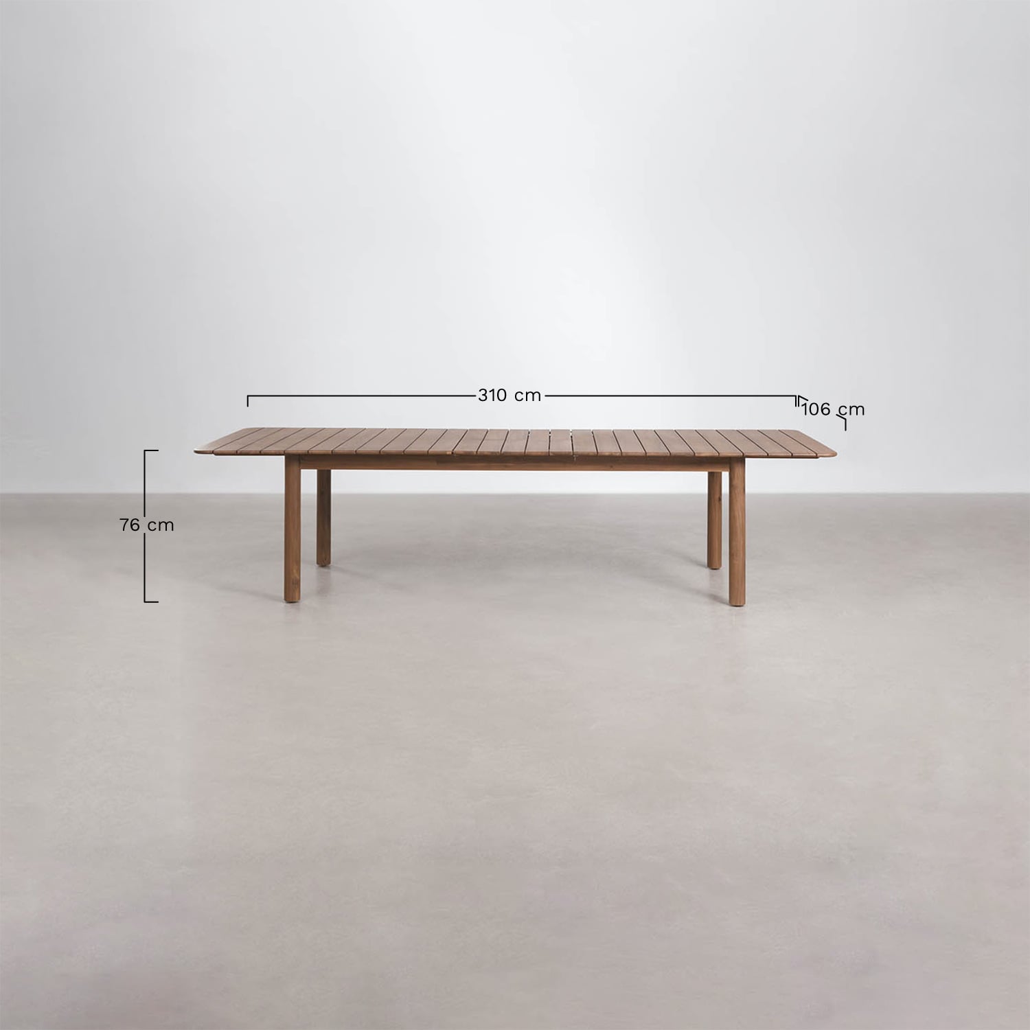 Zestaw stołu prostokątnego rozsuwanego Duala 250-310x105 cm oraz 8 krzeseł jadalnianych z drewna akacjowego i plecionej liny Kar, rozmiary