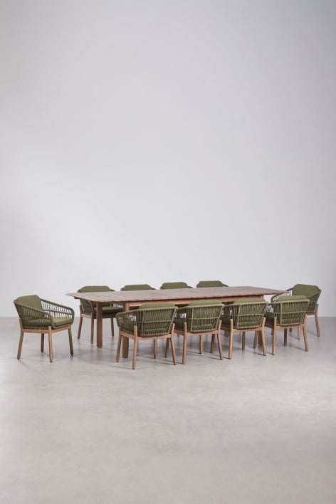 Zestaw stołu prostokątnego rozsuwanego Duala 250-310x105 cm i 10 krzeseł ogrodowych z drewna akacjowego i plecionej liny Karvia - Bouclé Salvia Zieleń