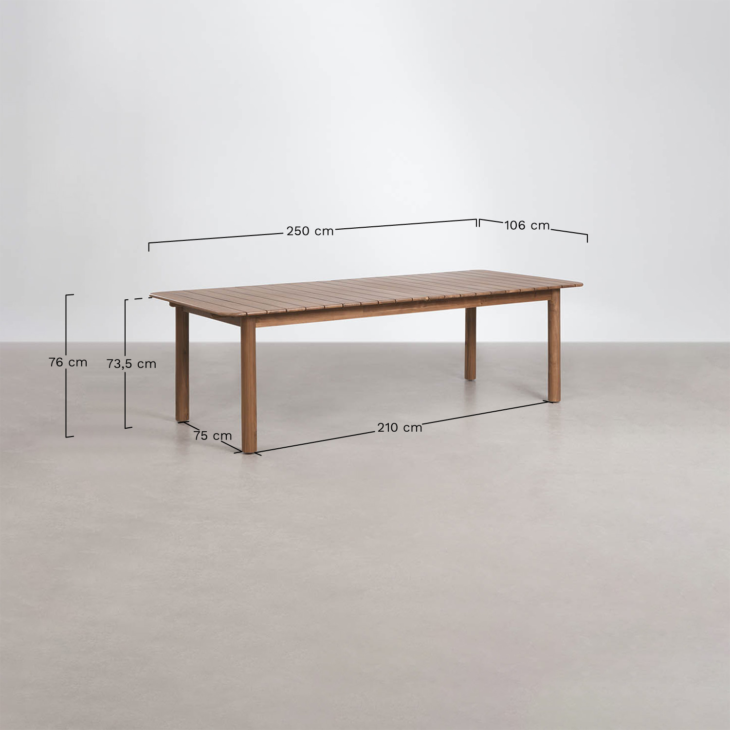 Zestaw stołu prostokątnego rozsuwanego Duala 250-310x105 cm i 10 krzeseł ogrodowych z drewna akacjowego i plecionej liny Karvia, rozmiary