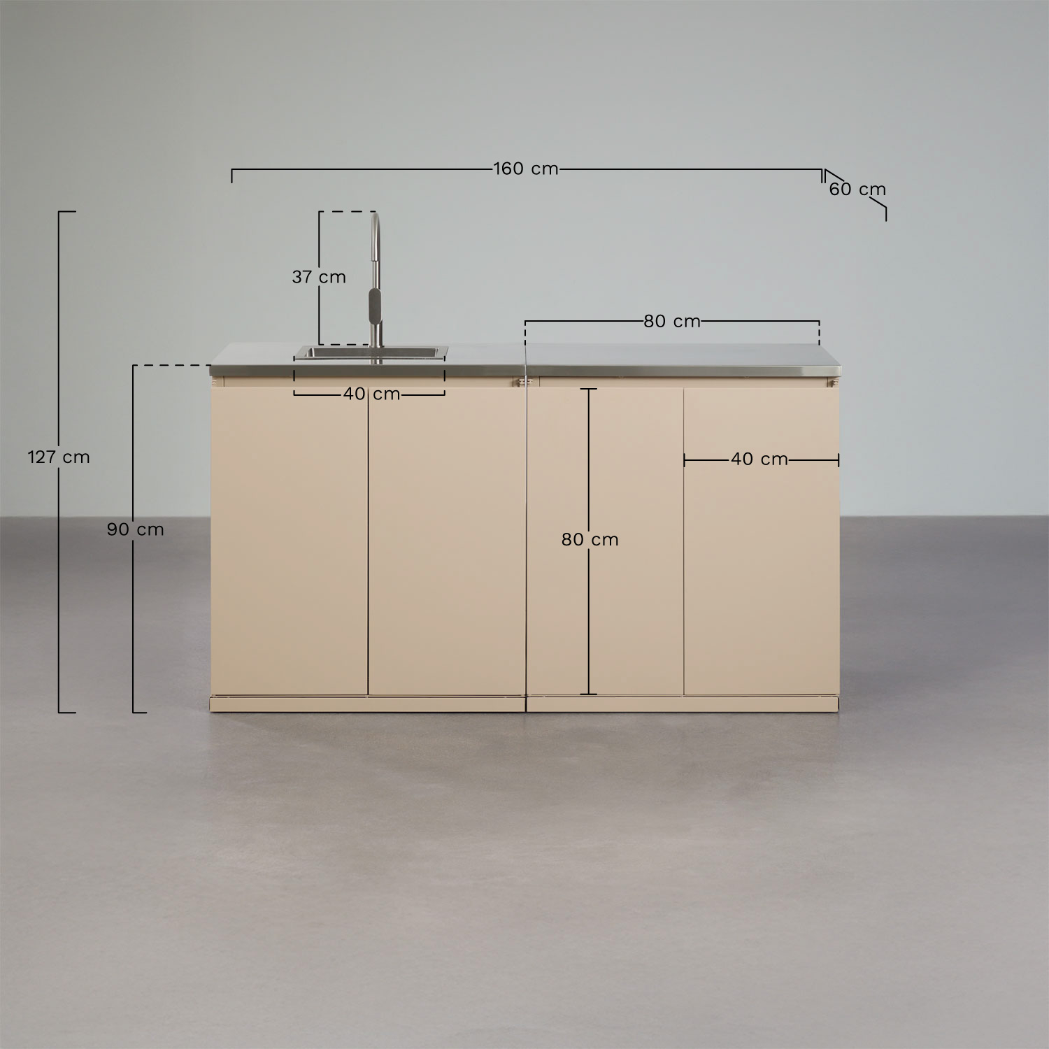 Modułowa kuchnia zewnętrzna 2-częściowa ze zlewem i stalowym schowkiem Rivana, rozmiary