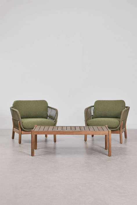 Zestaw wypoczynkowy z 2 fotelami z plecionej liny i stolikiem kawowym z drewna akacjowego Karvia - Bouclé Salvia Zieleń