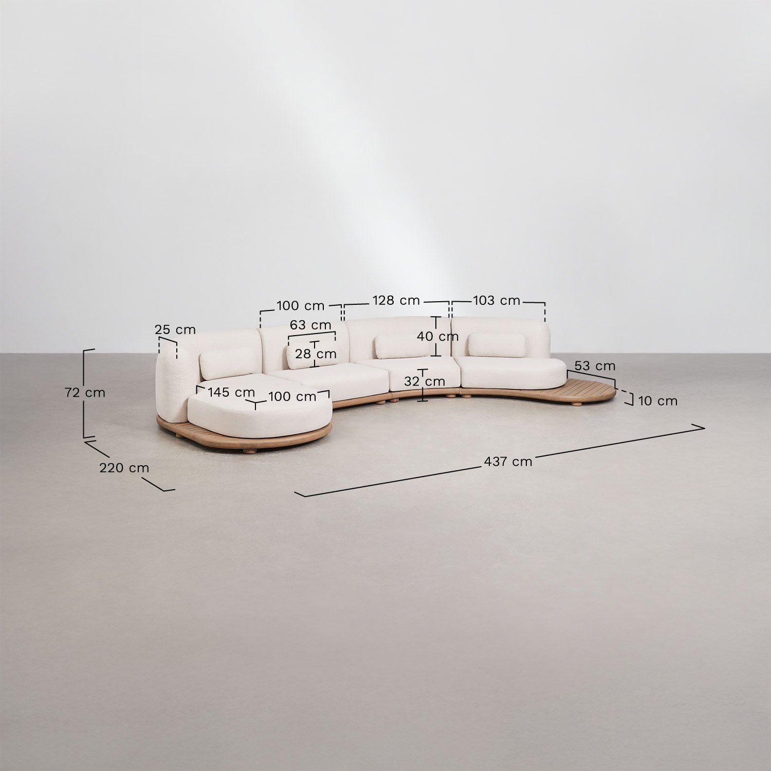 Zestaw ogrodowy z modułową sofą lewostronną chaise longue 4-częściowy oraz 2 stolikami kawowymi z drewna akacjowego Gerard, rozmiary