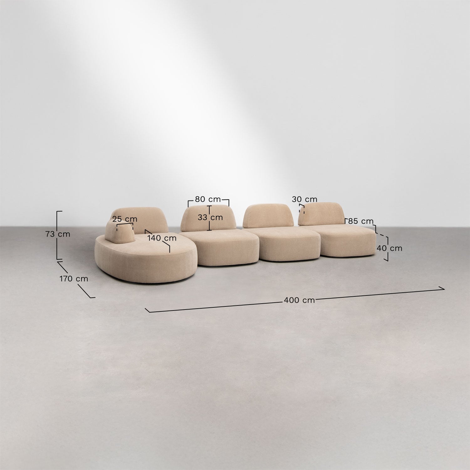 Sofa modułowy z lewym szezlongiem, 4 części i tapicerowanym pufem Giorgia, rozmiary