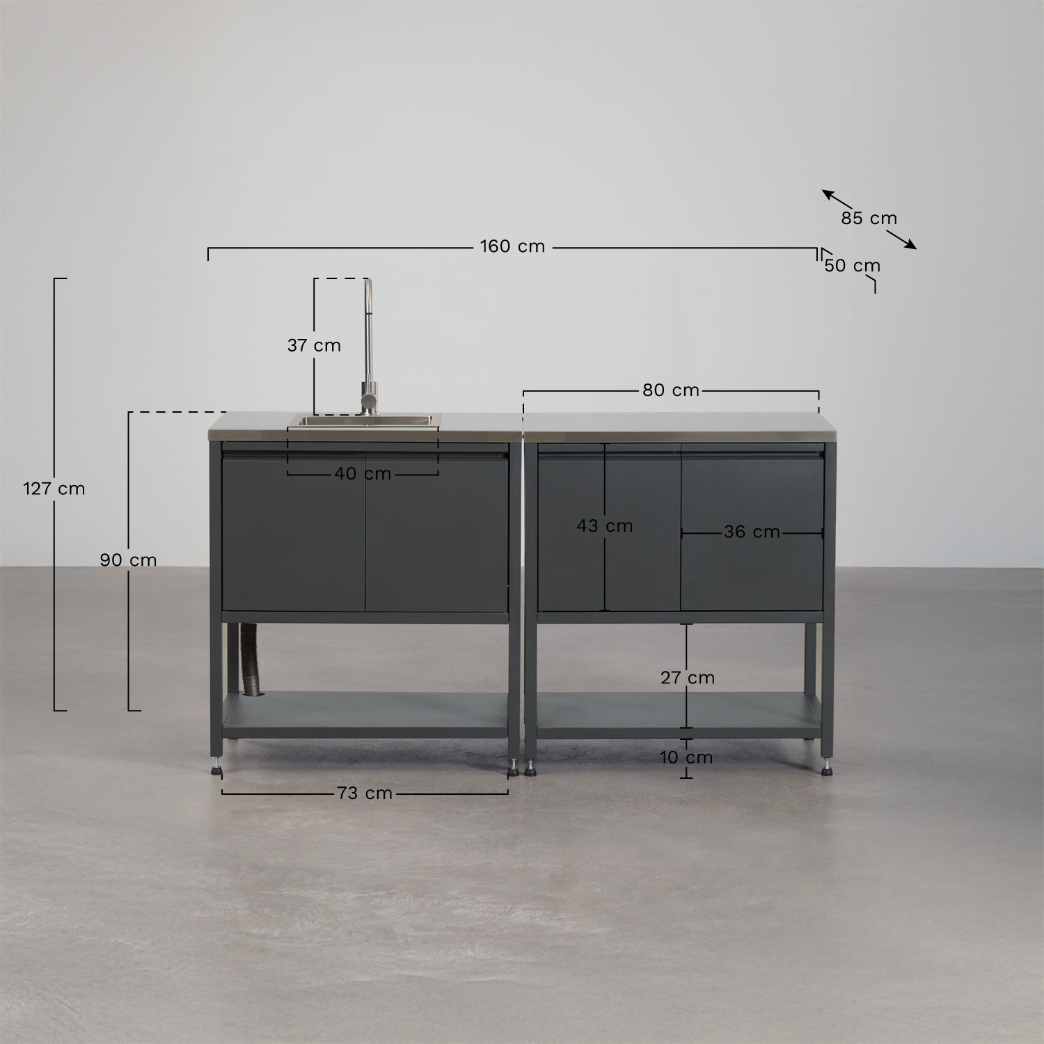 Modułowa kuchnia zewnętrzna 2-częściowa ze zlewem i stalowym schowkiem Savona, rozmiary