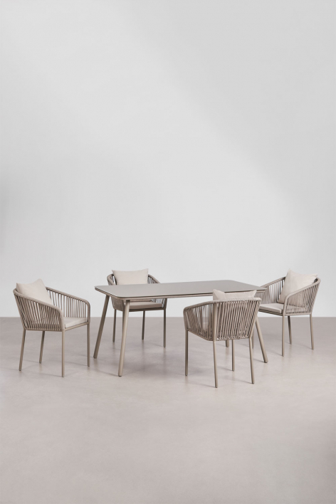 Zestaw stołu prostokątnego 160x90 cm i 4 krzeseł jadalnianych z plecionej liny Arhiza Classic - Moka Brown