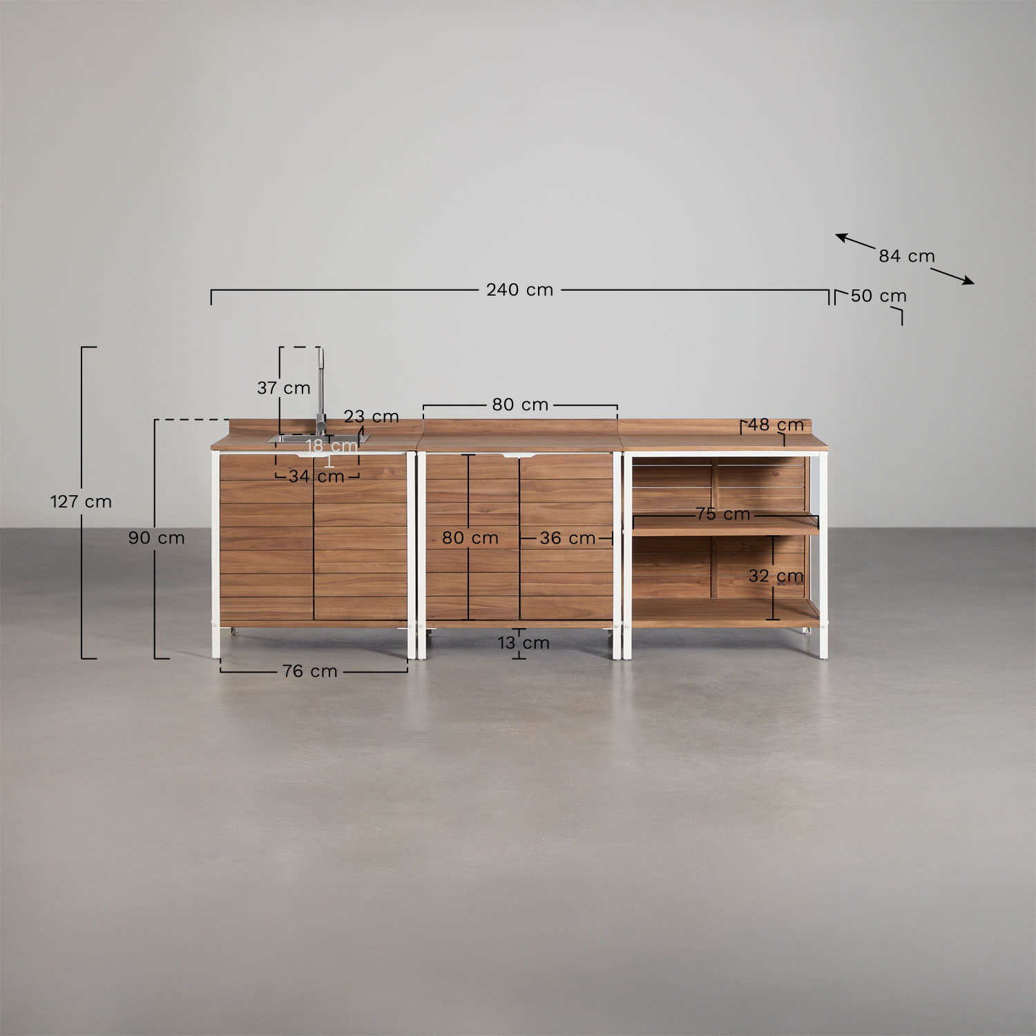 Modułowa kuchnia zewnętrzna 3-częściowa z zlewem i schowkiem z drewna akacjowego Reggie, rozmiary