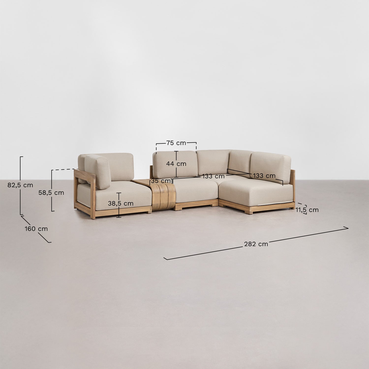 Sofa modułowy narożny ogrodowy 4-częściowy z pomocniczym stolikiem z drewna akacjowego Brivori, rozmiary