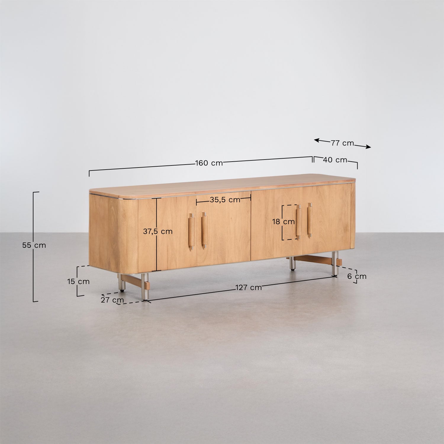 Mebel RTV 160x40 cm z drewna mango i stali Osaka, rozmiary