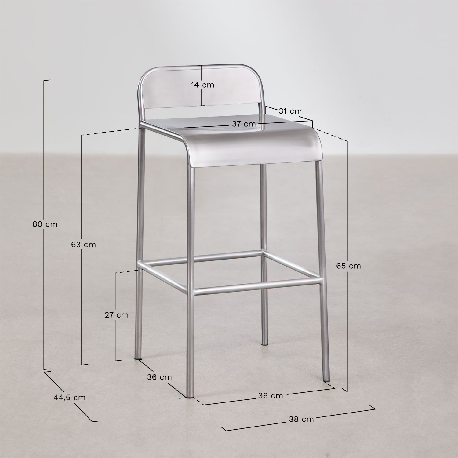 Wysoki stołek ze stali nierdzewnej Narnial, rozmiary