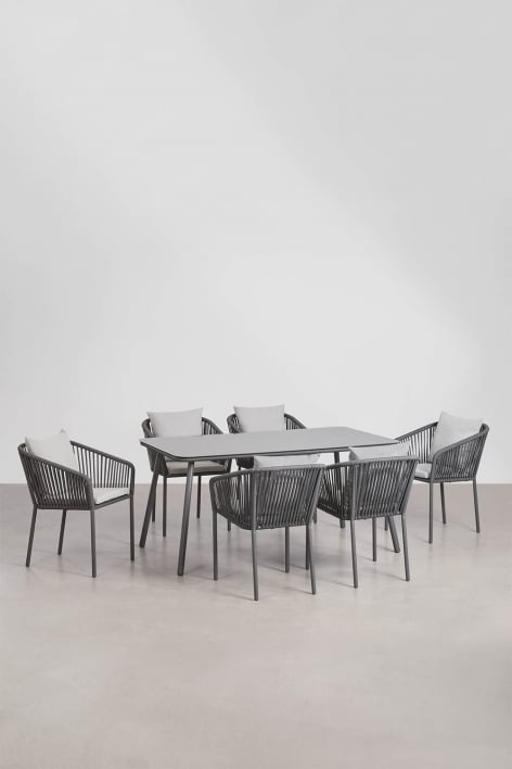Zestaw stołu prostokątnego 160x90 cm i 6 krzeseł jadalnianych z plecionej liny Arhiza Classic - Grafitowa szarość