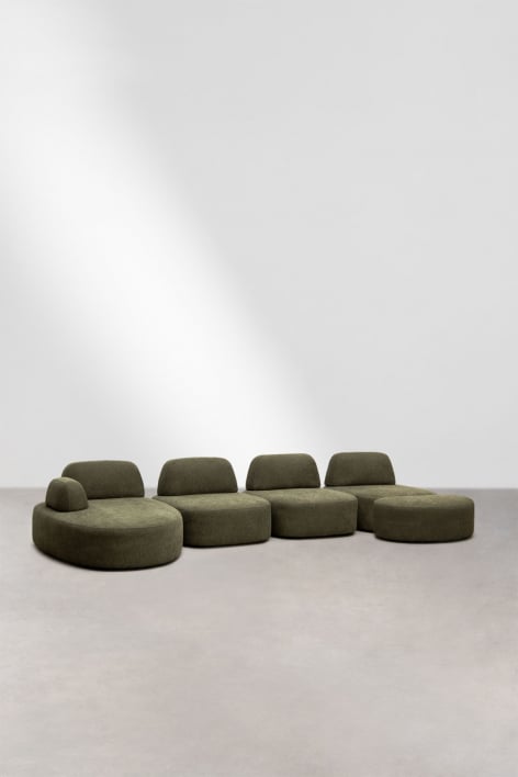 Sofa modułowy z lewym szezlongiem, 4 części i tapicerowanym pufem Giorgia - Tkaniny Verde Army