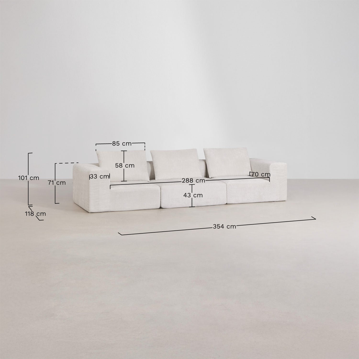 Sofa modułowy 3-częściowy z tkaniny chenilla, pakowany próżniowo Norridge, rozmiary