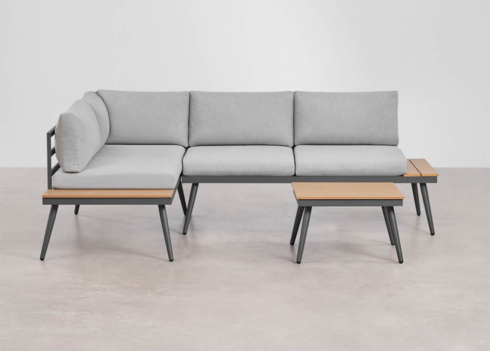 Zestaw ogrodowy z narożną sofą na 4 osoby i stolikiem kawowym z aluminium i drewna Nadi - Gris - Madera Natural