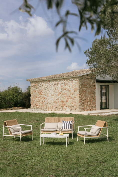 Zestaw ogrodowy z dwuosobową sofą, 2 fotelami i stolikiem kawowym z aluminium i syntetycznego rattanu Duroli