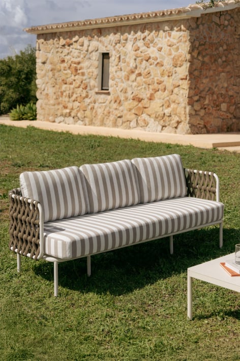 Sofa ogrodowy 3-osobowy z aluminium i plecionego sznurka Tevary - Tkanina Brązowy Moka - Biały Gardenia