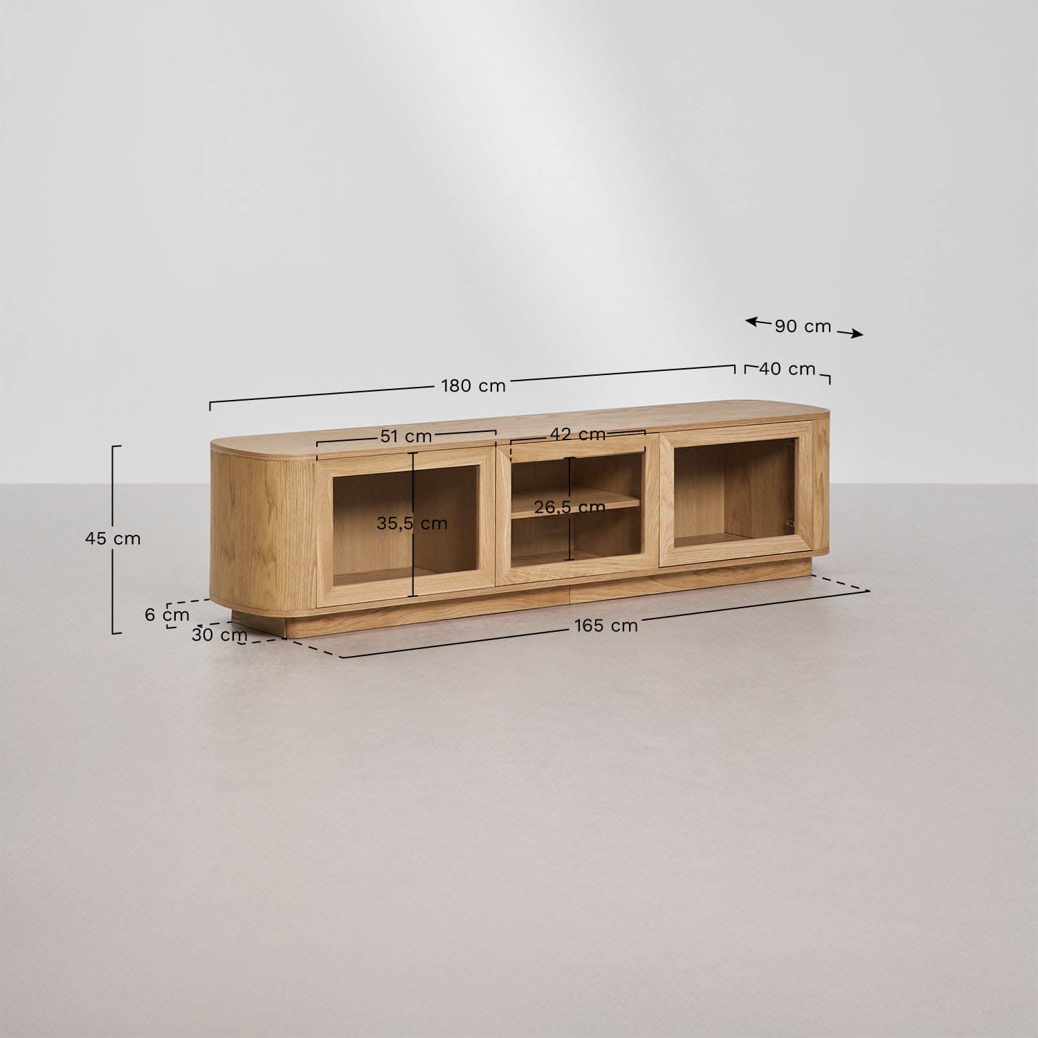 Szafka RTV 180x40 cm z MDF i szkła hartowanego Walia, rozmiary