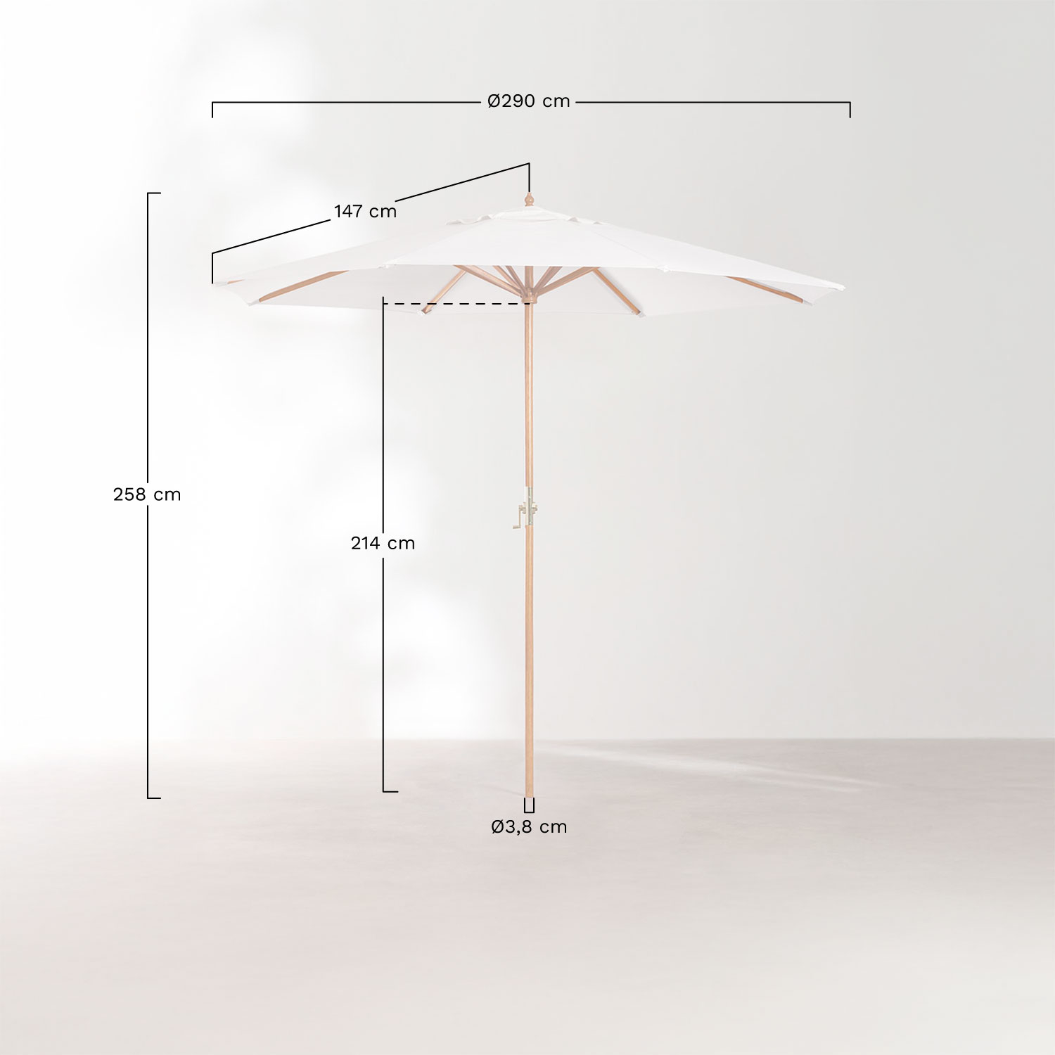 Parasol Ø290 cm z tkaniny i drewna Cretas, rozmiary
