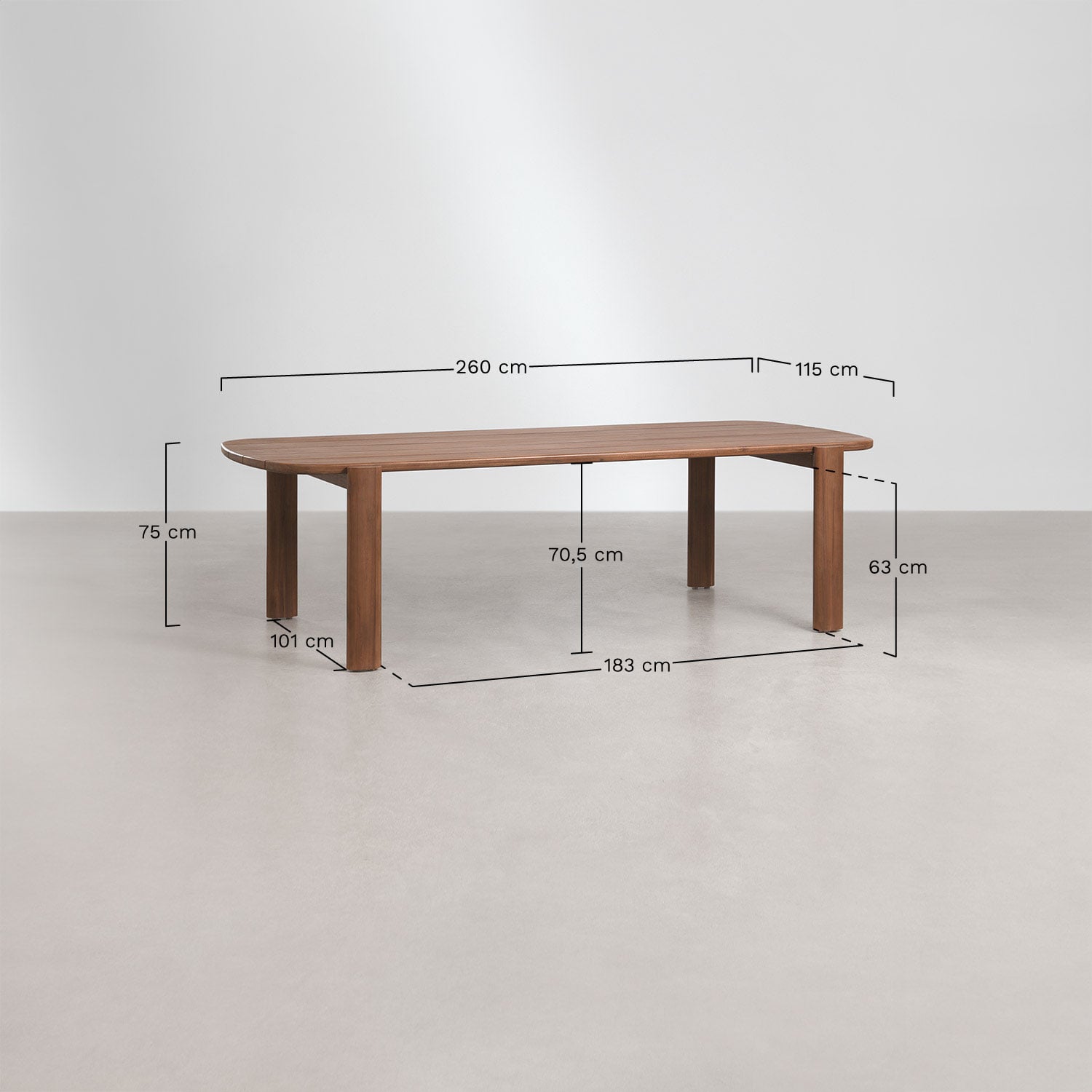 Prostokątny stół ogrodowy 260x115 cm z drewna akacjowego Vetra, rozmiary
