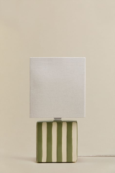 Lampa stołowa z ceramiki i lnu Lylio - Beż tapioki - Głęboka oliwkowa zieleń