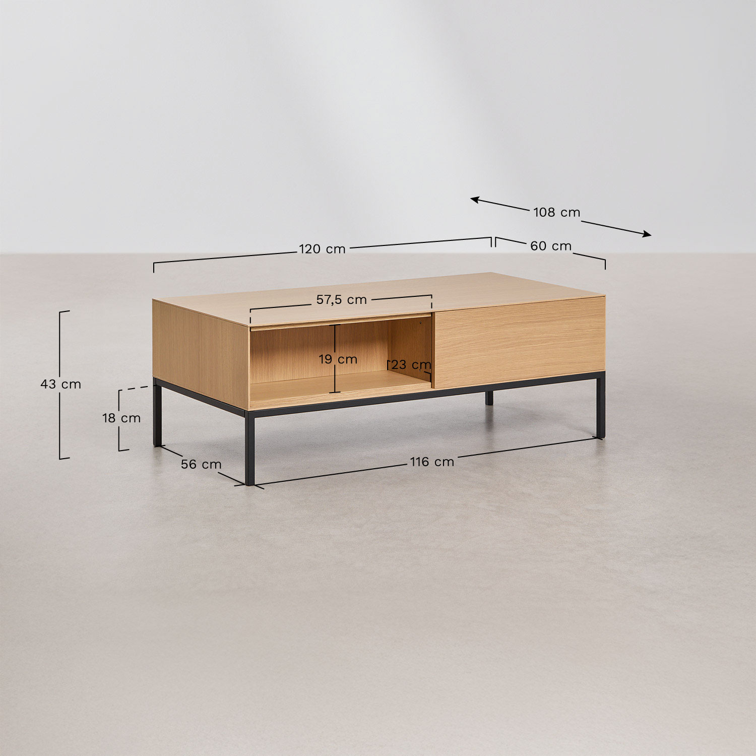 Stolik kawowy prostokątny 120x60 cm z MDF i okleiny dębowej Bromley, rozmiary