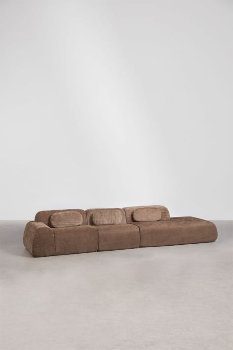 Sofa modułowy narożny 3-częściowy z prawym szezlongiem z weluru Merida, pakowany próżniowo - Brązowa sznurówka w kolorze karmelowym
