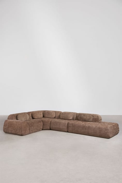 Sofa modułowy narożny 4-częściowy z prawym szezlongiem z weluru pakowany próżniowo Merida - Brązowa sznurówka w kolorze karmelowym