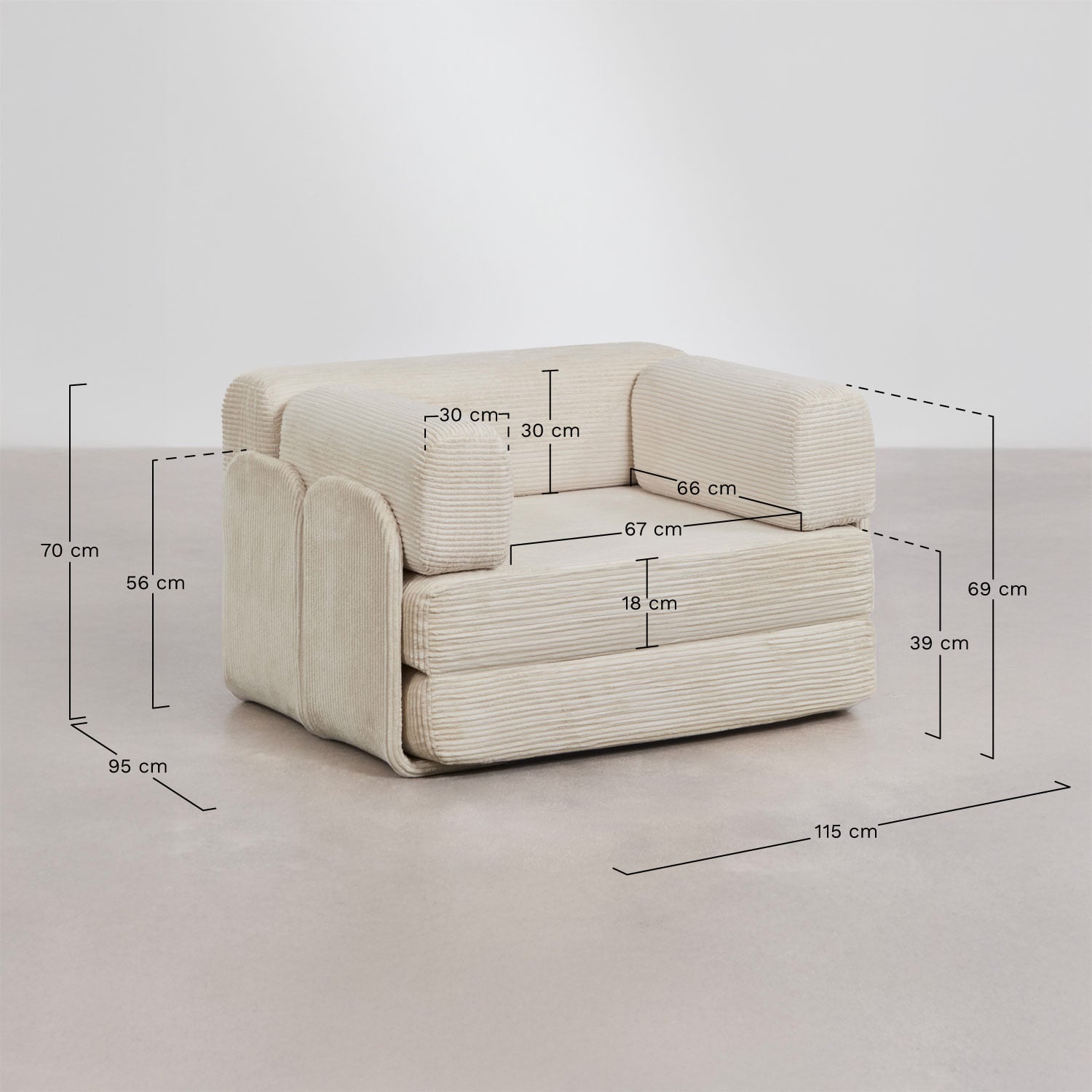 Fotel rozkładany z weluru pakowany próżniowo Kyoto, rozmiary